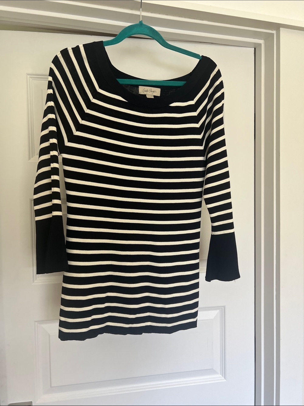 Charlie Paige Navy and White Striped Scoop Neck Pullover